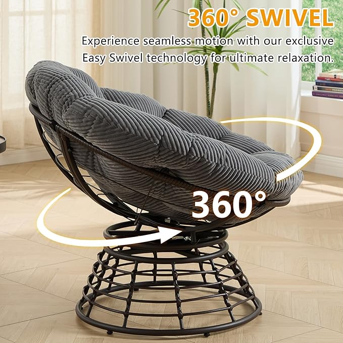 36” Papasan Chair with Cushion and Frame Oversized Papasan Chairs 360° Swivel Olefin Adjustable Feet Suitable for Living Room Patio Bedroom Indoor/Outdoor (Grey+Corduroy)