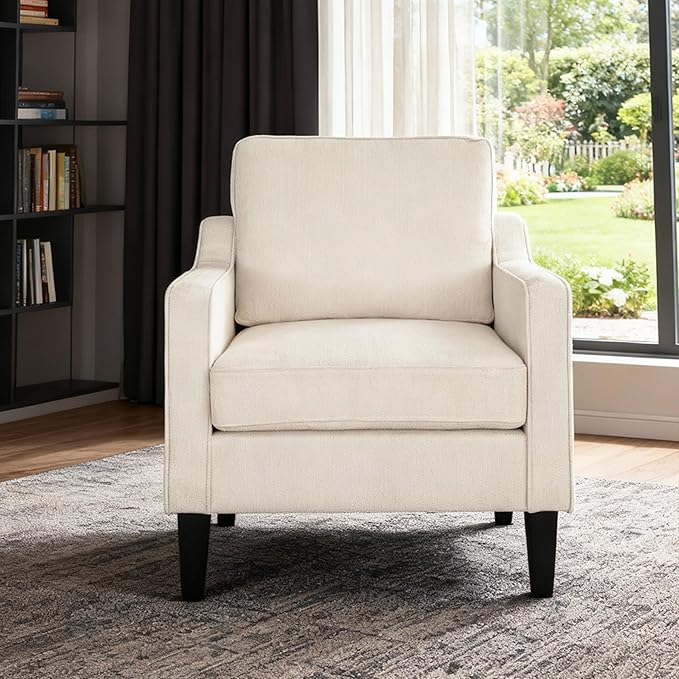 Comfy Accent Chair with 115° Ergonomic Back Support 5.5 Thick Spring Cushion Armchair for Living Room Mid Century Modern Chenille Reading Chair 380lbs Capacity (White)
