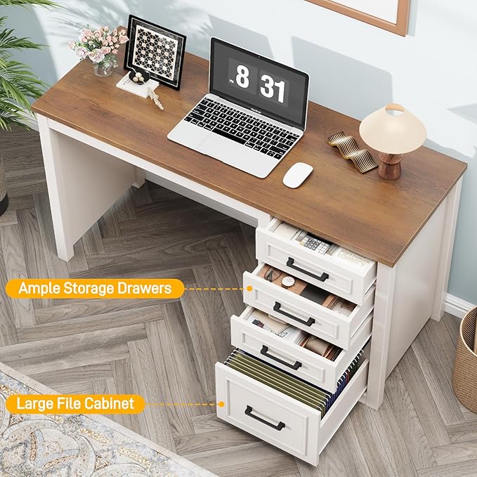 Vabches Farmhouse 49” Executive Desk with File Drawer 4 Drawers Reversible Computer Desk with Storage Rustic Home Writing Workstation for Home Office.White Brown