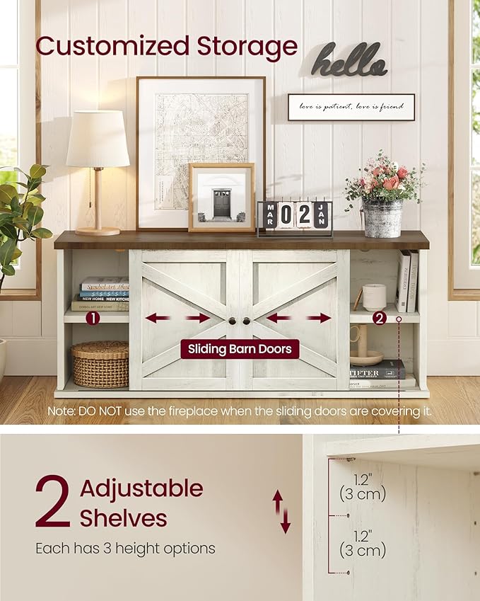 VASAGLE Fireplace TV Stand for TVs up to 65 Inches 18-Inch ELectric Fireplace with Remote Farmhouse Entertainment Center Media Console Table for Living Room Rustic White and Honey Brown ULTV540W01