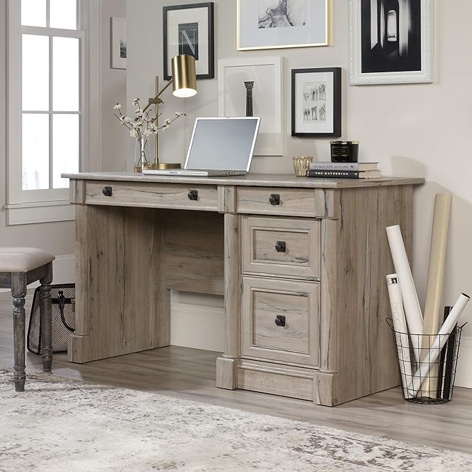 Sauder Palladia Computer Desk with Drawers Home Office Desk with File Cabinet Storage Drawer Cable Management Keyboard Tray in Split Oak Finish