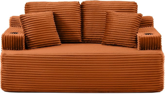 Floor Loveseat Boneless Sofa Couch in a Box with Cup Holder and Side Pockets Corduroy Upholstered 2 Seater Cloud Foam Sofa with Deep Seating for Living Room No Assembly | Breathable material Cuphol