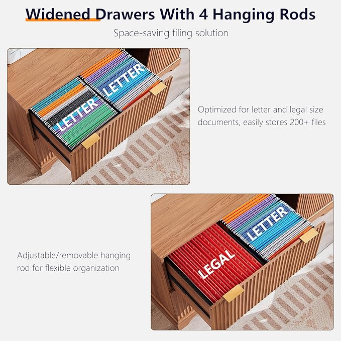 JXQTLINGMU 2 Drawer File Cabinet with Charging Station 30 Fluted Lateral File Cabinet w/Files Hanging Rod for Letter/Legal/A4 Large Tabletop for Printer Office Wood Printer Cabinets Dark Grain