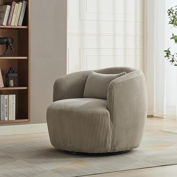 360° Swivel Armchair with Accent Pillow – Premium Corduroy Fabric Sturdy Metal Base &amp High-Density Foam – Ergonomic Lounge Chair for Living Room Office Bedroom – Easy Assembly