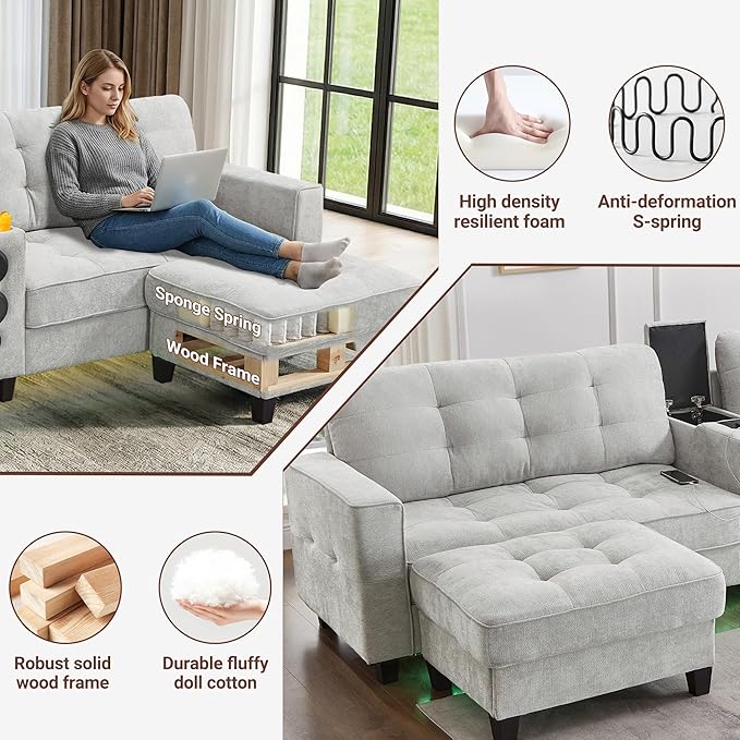 126 U Shaped Cloud Couch Sectional with Storage Ottomans Modular Sectional Sofa with Console for Living Room Modern Comfy Couch with Bluetooth Speaker/LED Light/Charging Station (Light Grey)