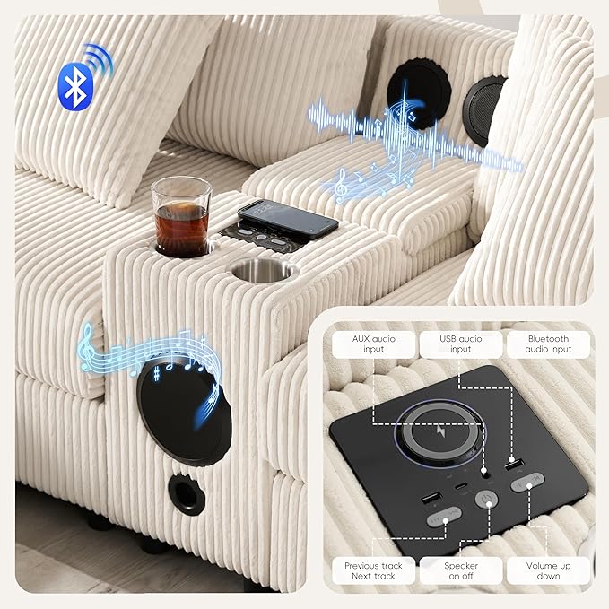 Sectional Sofa Corduroy Cloud Sofa with Bluetooth Speakers L-Shaped Couch with Console USB Charger Cup Holders Storage 6 Seats Deep and Wide Seat Couch for Living Room (Cream)