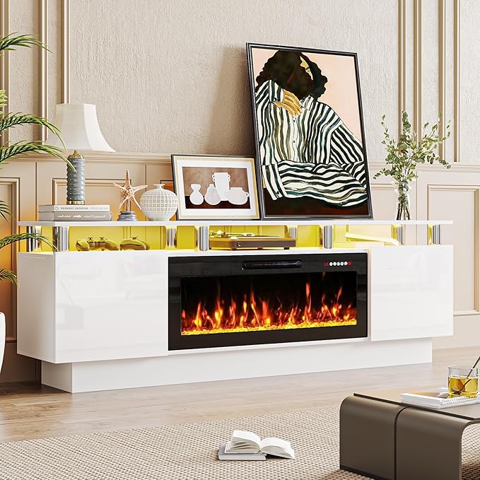 70 Modern Fireplace TV Stand with 36 Electric Fireplace for TVs Up to 80 inch Luxury LED Light Entertainment Center with High Gloss Cabinet TV Consoles for Living Room White