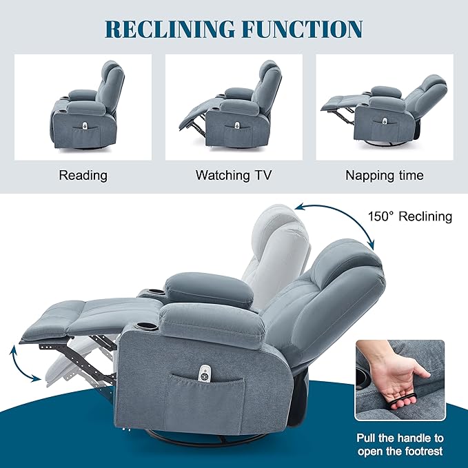 Swivel Rocker Recliner Chair with Heat and Massage Big Oversized Rocking Single Sofa for Living Room 360 Degree Swivel Recliner Chair with USB Port and Cup Holders (Fabric Blue)