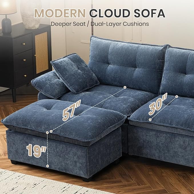 89 Modular Sectional Sofa Comfy Cloud Couch with Movable Ottoman Chenille Sectional Deep Seat Sofa with Throw Pillows/USB Ports for Living Room Office and Apartment (Blue)