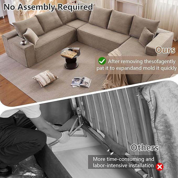 Cloud Modular Sectional Sofa for Living Room137x110 Oversized U-Shaped Couch with 9 PillowsBig Comfy Couches SetFluffy Deep-Seat Corduroy Sofa with ChaiseNo Assembly (CamelRight-Facing Chaise)