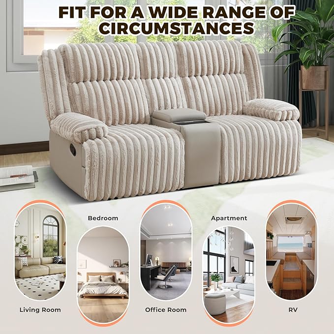 Large Reclining Loveseat with Pillow Top Arm Fluffy Fabric Recliner Sofa with Wireless Charging &amp Hidden Cup Holders Modern Reclining Couch for Living Room/RV/Apartment (Beige 2 Seater)