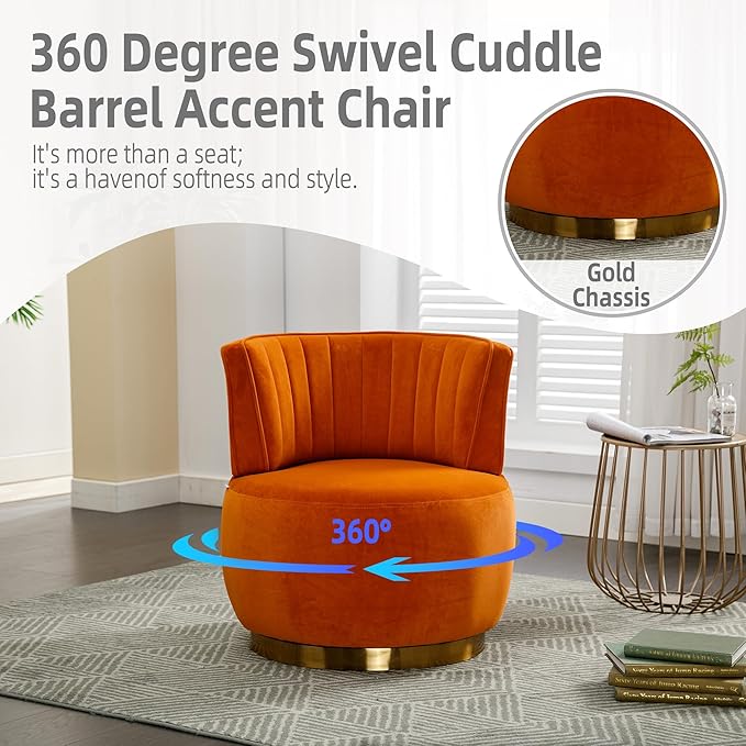 360° Swivel Barrel Accent Chair Orange Round Club Arm Chair with Metal Base Modern Single Sofa Seating Velvet Reading Seat in for Living Room Bedroom Office (Orange)