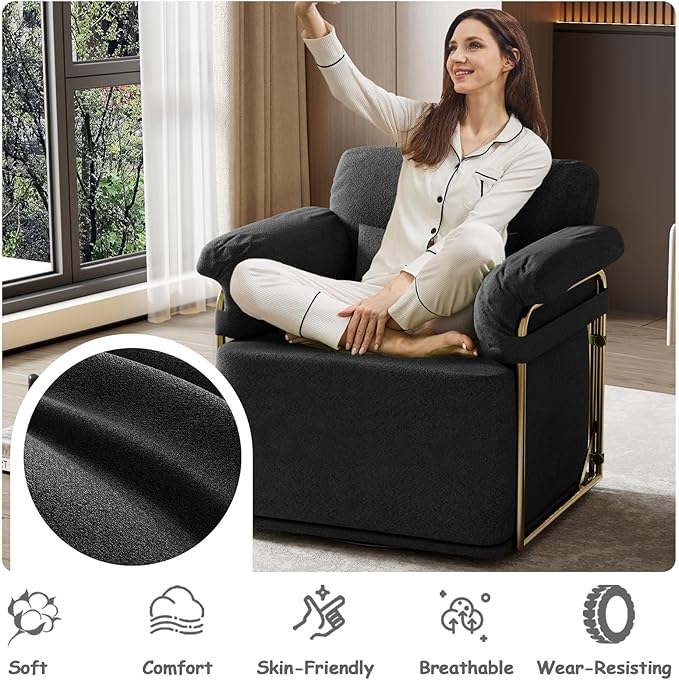 Swivel Accent Chairs 360 Swivel arm Chairs for Bedroom Club Chair with Back Gold Frame Tall Base for Office and Living Room (Black)