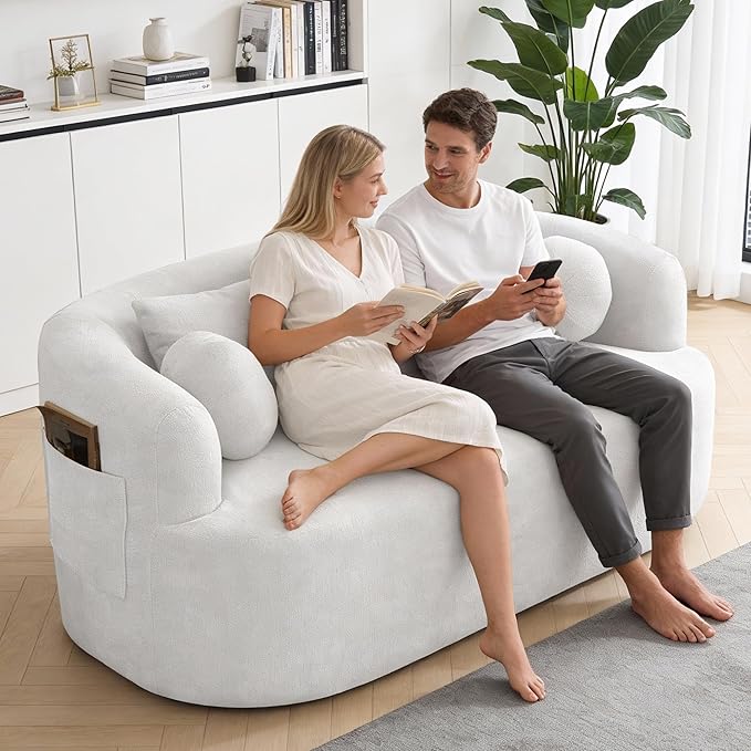 Loveseat Sofa 67.3 Boneless Curved Sofa Filling with Foam and Spring Chenille Small Love Seat for Small Spaces 4 Pillows and Side Pocket Living Room Apartment Bedroom No Assembly