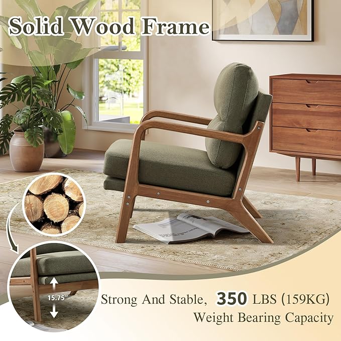 Mid Century Accent Chair Modern Living Room Chairs with Solid Wood Frame Reading Relaxing Armchair for Adults Lounge Chair for Living Room Bedroom Waiting Room-Green