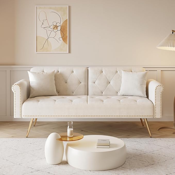 ERYE Tufted Futon Sofa Bed Modern Velvet Upholstered Loveseat Sleeper Futon Sofabed with Split Adjustable Backrest Nailhead Decor and Elegant Golden Legs for Home Apartment RV Office Studio Bedroom