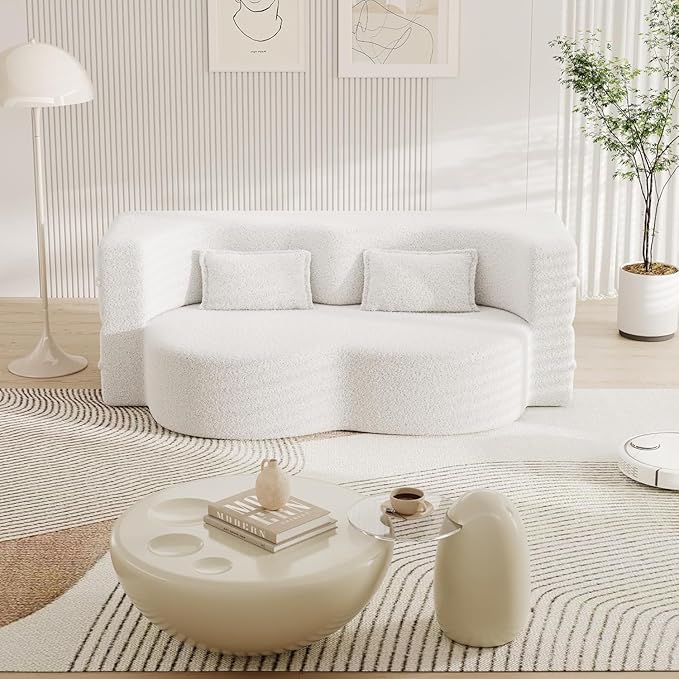 Modern Floor Sofa 78 Convertible Folding Sofa Bed with 2 Pillow Teddy Fabric Foam-Filled Mattress Sleeper for Living Room Guest Bed Playroom No Assembly Required Beige