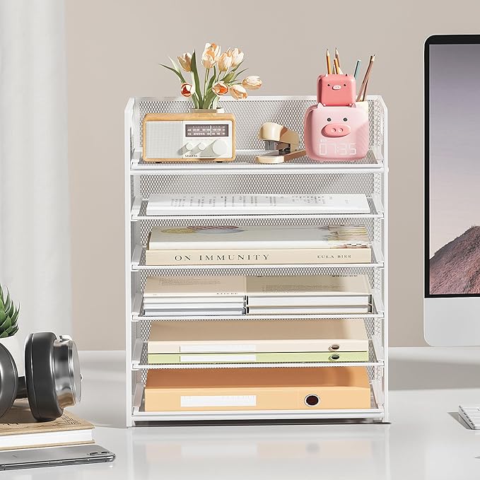 Subekyu 6-Tier Desk Paper Organizer Desktop File Letter Tray with Handle Document Sorter and Accessories Holder for Office Home and School Workspace Organizers White - 2 Pack