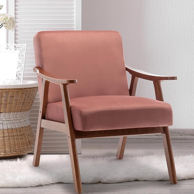 Mid Century Modern Accent Chairs with Solid Wood Frame Comfortable Accent Chair with Arms for Living Room or Bedroom Pink