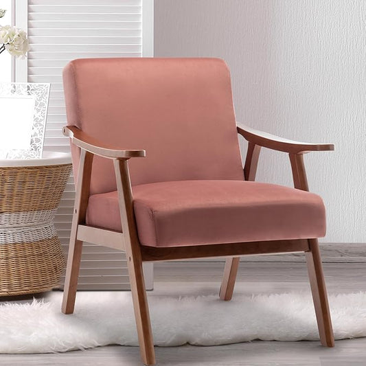 Mid Century Modern Accent Chairs with Solid Wood Frame Comfortable Accent Chair with Arms for Living Room or Bedroom Pink