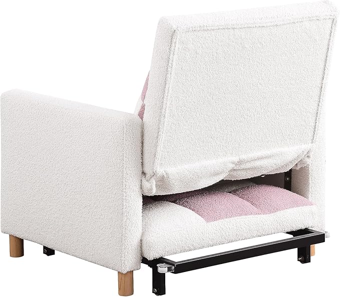 Sleeper Sofa Bed 3-in-1 Convertible Chair Bed Multi-Functional Sleeper Chair Soft Teddy Fabric for Living Room Apartment Office (White&ampPink)