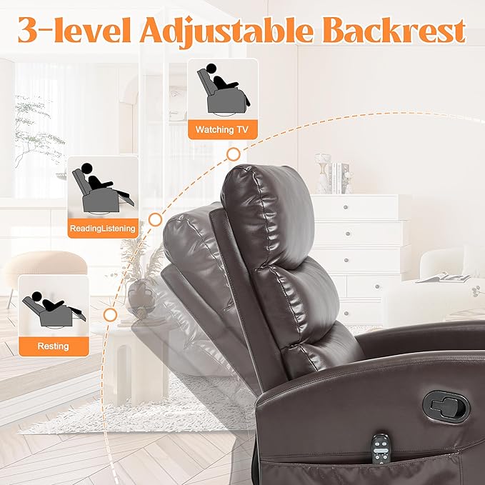 Luxlen Manual Swivel Rocker Recliner Chair with Massage Overstuffed Recliner Glider with Vibration Massage and Heat for Nursery Living Room Reclining Sofa Chair PU Leather Dark Brown