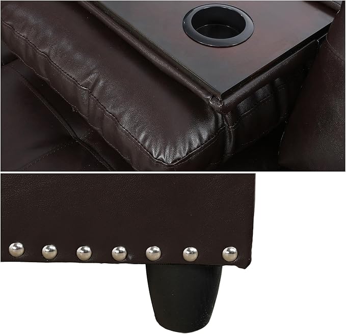 FONTOI L Shaped Sectional Couch Sofa 4-Seat Modern Sectional Sofa with Cup Holders &amp Nail-Head Trim – PU Leather L-Shaped Couch for Living Room Bedroom Apartment Brown A
