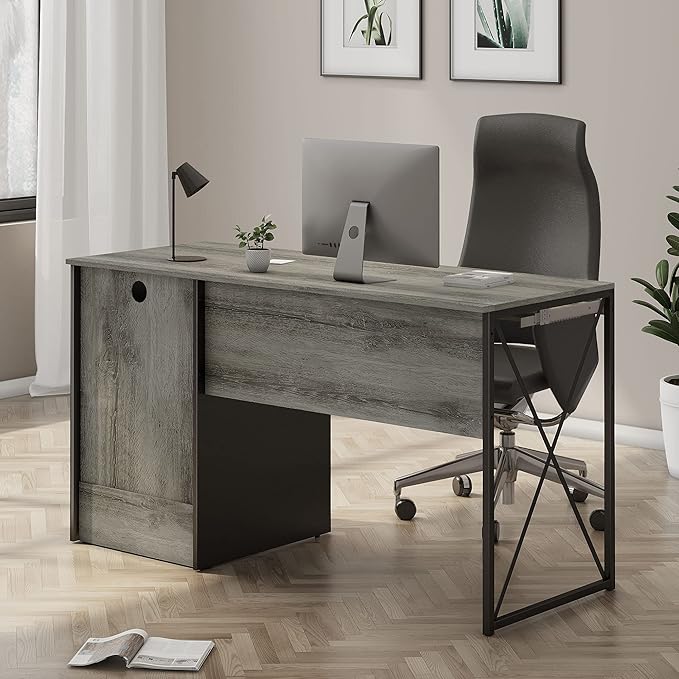 Bestier Office Desk with Drawers 55 inch Industrial Computer Desk with Storage Wood Teacher Desk with Keyboard Tray &amp File Drawer for Home Office Dark Gray Oak