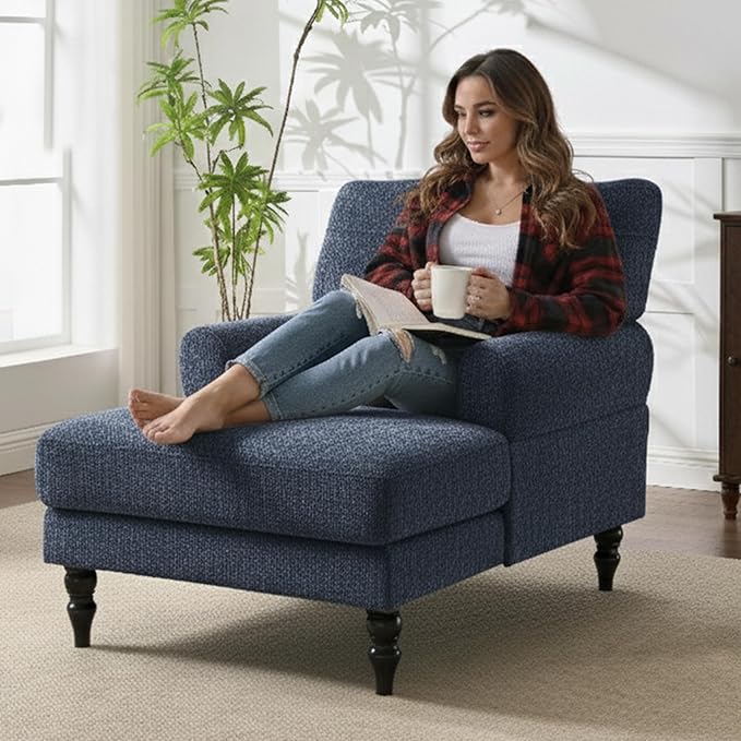 Chaise Lounge Chair Indoor Modern Leisure Sleeper Sofa Chair w/Double Deep Cushion Accent Upholstered Reading Side Armchair Recliner Arm Chairs for Living Room &amp Bedroom Easy Assembly (Blue)