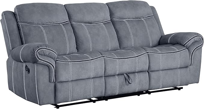 Acme Furniture Zubaida 41 x 87 Modern Velvet Reclining Sofa with USB Dock 1 Storage Drawer Tight Back &amp Seat Cushion in 2-Tone Gray Finish