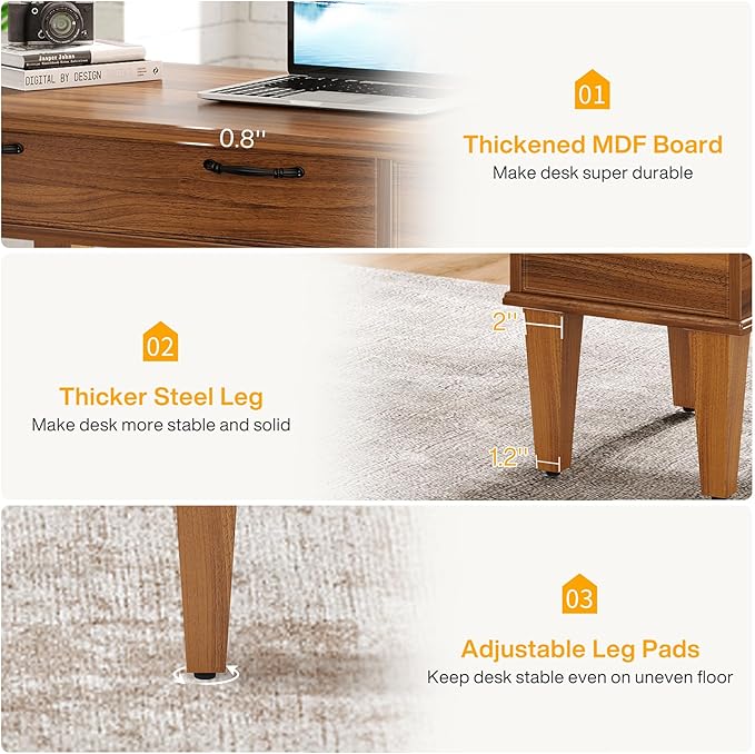 Tribesigns 47 Wood Computer Desk with 3 Drawers Farmhouse Small Office Desk with File Drawers Writing Table with Storage for Home Office Bedroom Study Room Brown