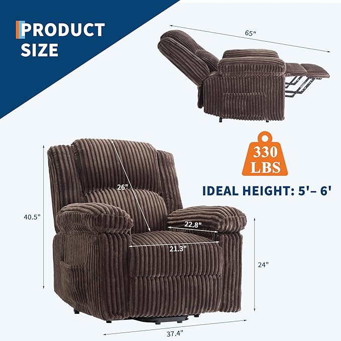 Garvee Corduroy Recliner Chair Manual Recliner Sofa with Handle Pillow Top Arms Thick Padding Side Pocket 330Lbs Capacity Adjustable Recliner for Living Room Bedroom Home Theater Brown