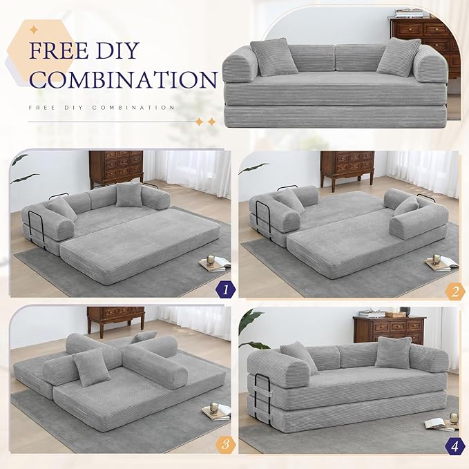 Convertible Folding Sofa Bed Corduroy Sleeper Mattress Couch with Fixed-Shape Frame Free Combination Loveseat Lounge Floor Sofa Queen Size Memory Foam Couch for Living Room Bedroom Light Grey