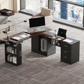 63 Large Electric Standing Office Desk with Drawers Modern Executive Deep L Shaped Computer Raising Stand up Desk with Shelves Storage for Home Office Adjustable Height Black &amp Brown