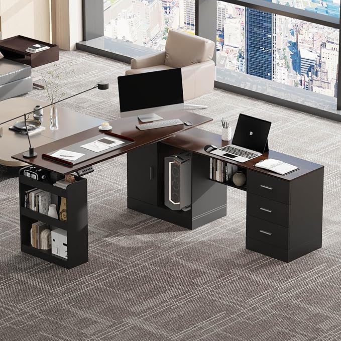 63 Large Electric Standing Office Desk with Drawers Modern Executive Deep L Shaped Computer Raising Stand up Desk with Shelves Storage for Home Office Adjustable Height Black &amp Brown