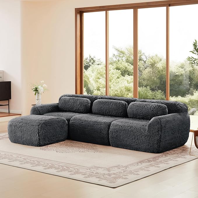 115 Sectional Couches for Living Room Comfy Boneless Couch 3 Seater Cloud Sofa Compressed L Shaped Couch with Ottoman Modern Modular Sectional Plush Floor Sofa No Assembly (Grey)