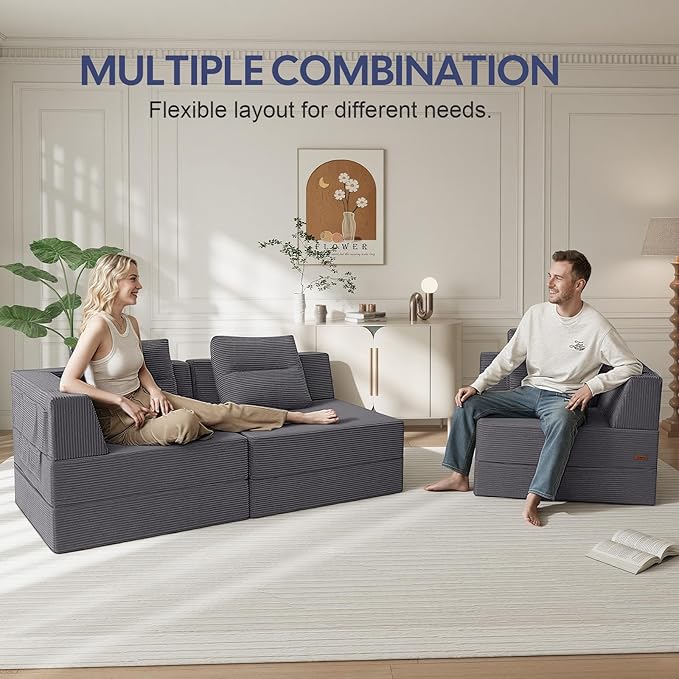 COMAX Futon Sofa Bed 3 Seater 106 Convertible Sofa Bed Couches for Living Room 4 in 1 Folding Boneless Sleeper Corduroy Couch Foam in a Box Comfy Foldable Lounge Fold Out Floor Mattress Grey