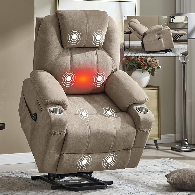 Chenille Electric Power Lift Recliner Chair Massage Single Sofa with Vibration Massage and Lumbar Heating Ergonomic Lounge Couch with Cup Holders and USB Charge Port for Living Room (Khaki)