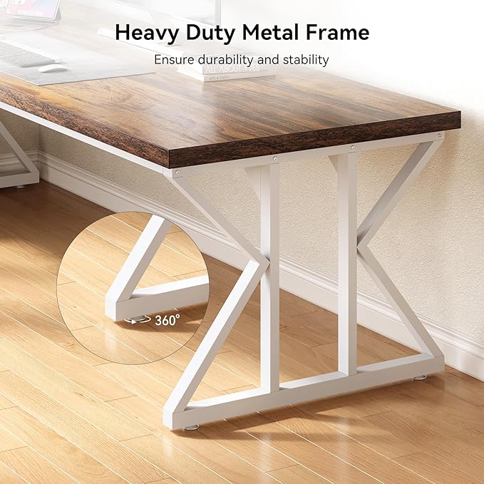 LITTLE TREE 78.7 Inch Large Executive Desk Modern Computer Office Desk Wooden Writing Desk Study Table for Home Office Rustic Brown-White
