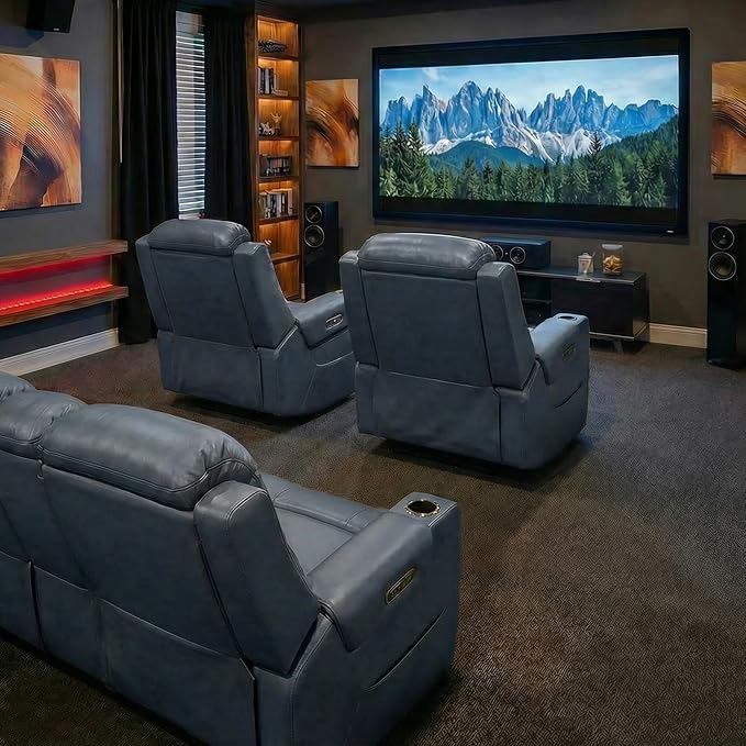 Watson &amp Whitely Genuine Leather Power Recliner Chairs for Adults Lay Flat Recliner with Power Headrest USB Ports and Cup Holders Electric Reclining Sofa for Living Room Bedroom Navy
