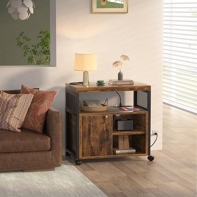 Unikito Rolling File Cabinet Lateral Filing Cabinet on Wheels Mobile Office Printer Stand with Door and Open Storage Shelf for A4 Letter Size and Hanging File Folders Lockable Rustic Brown