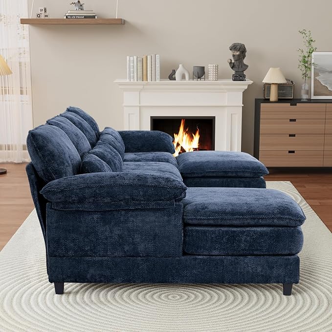 OUYESSIR 114 U Shape Sectional Cloud Couch with OttomanFluffy Sectional Couches for Living Room4 Seater Modular Sectionals SofaComfy Cloud Sofas &amp Couches with 4 PillowsNavy Blue