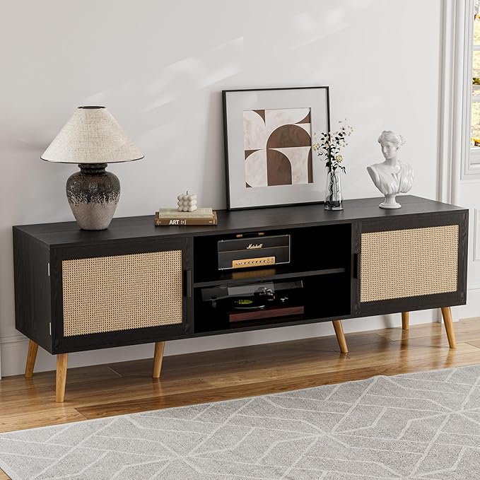TV Stand for TVs up to 65'' Entertainment Center with Rattan Door Shelves &amp 2 Cabinets Boho Media TV Console for Living Room Bedroom Black