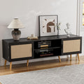TV Stand for TVs up to 65'' Entertainment Center with Rattan Door Shelves &amp 2 Cabinets Boho Media TV Console for Living Room Bedroom Black