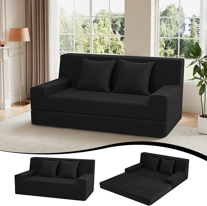 MeMoreCool Boneless Folding Sofa Bed Queen – Corduroy Convertible Futon Couch 2-in-1 Floor Sleeper with Foam Support Detachable Pillow &amp Washable Cover for Living Room Guest Room Apartment