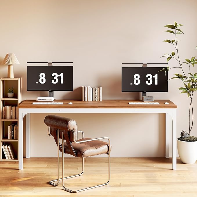 LITTLE TREE 78.7-Inch Ultra Long Double Desk Writing Gaming Work Computer Two-Person Desk for Home Office Walnut + White