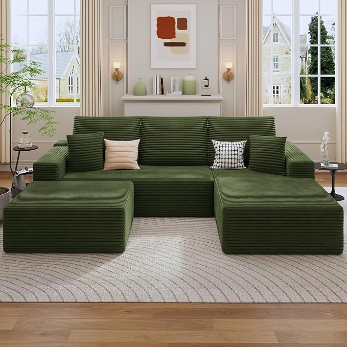 107 Cloud Sectional Couch with U-Shaped Chaise Corduroy Sectional Sofa with Ottoman Boneless Couch with Deep Seat in a Box for Living Room No Assembly Required (Green Right Facing Chaise)