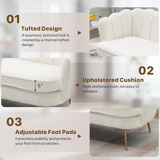 Mlmh &amp Kngwa Sherpa Boucle 2-Seater Sofa 59 Loveset Settee with Gold Metal Legs Comfy Upholstered Floral Mini Couch Sofa for Bedroom Living Room Apartment Ivory