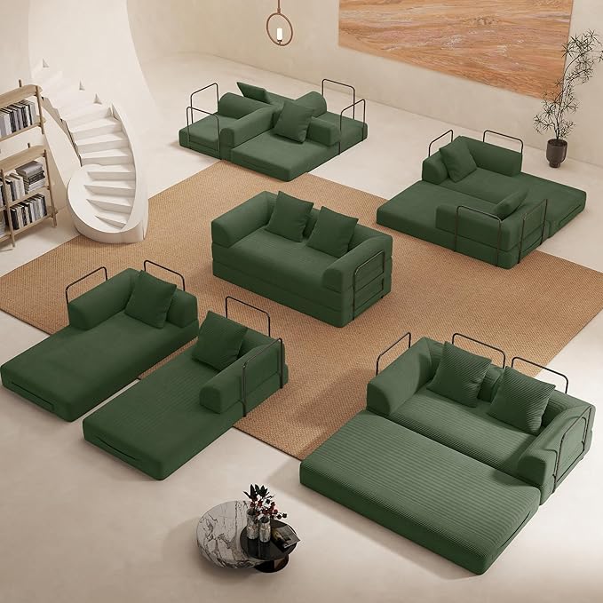 Cloud Boneless Convertible Floor Sofa Bed 70 4-in-1 Foldable Compressed Loveseat Lounge Sleeper 2 Seater Couches High-Density Sponge &amp Corduroy Fabric Futon Daybed for Living Room Bedroom(Green