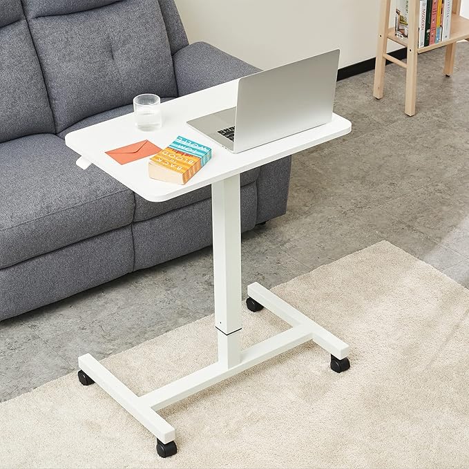 CLATINA Mobile Laptop Standing Desk Pneumatic Stand Table Rolling Adjustable Height Overbed Bedside Table with Lockable Wheels for Home Hospital Office Computer Workstation 28 x 19 Round Edge White